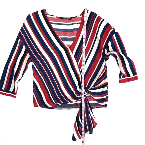 Zara Nautical Red White Blue Striped Drape Tie Waist V-Neck Top Size Small - Picture 11 of 12